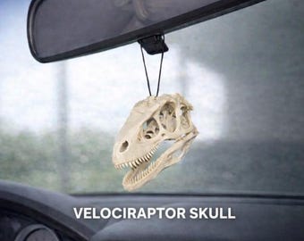 Velociraptor Skull Car Charm Realistic Raptor Fossil Rear View Mirror Accessory With Elastic Band