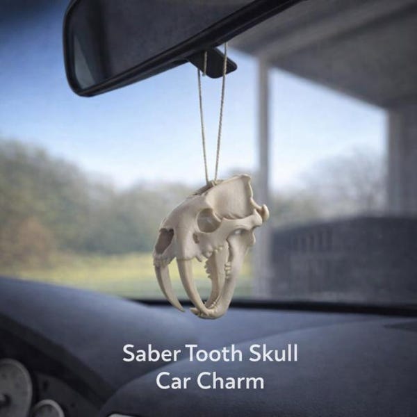 Saber Tooth Skull Car Charm with Elastic Band Ready To Hang!