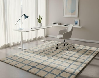 Blue Grid Wool Area Rug Modern Hand Tufted Carpet For Living Room Bedroom Decor