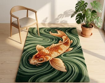 Hand Tufted Wool Koi Fish Rug: Japanese Style Green Area Rug (8x10, 9x12)