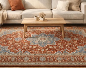 Hand Knotted Wool Oushak Rug Vintage Floral Medallion Carpet Living Room Area Rug