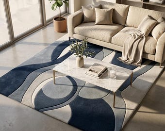 Blue Abstract Tufted Rug, Modern Wool Area Rug, Geometric Luxury Carpet, Custom Sizes
