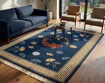 Hand Knotted Koi Fish Rug | Oriental Wool Area Rug Living Room 8x10 Custom Size