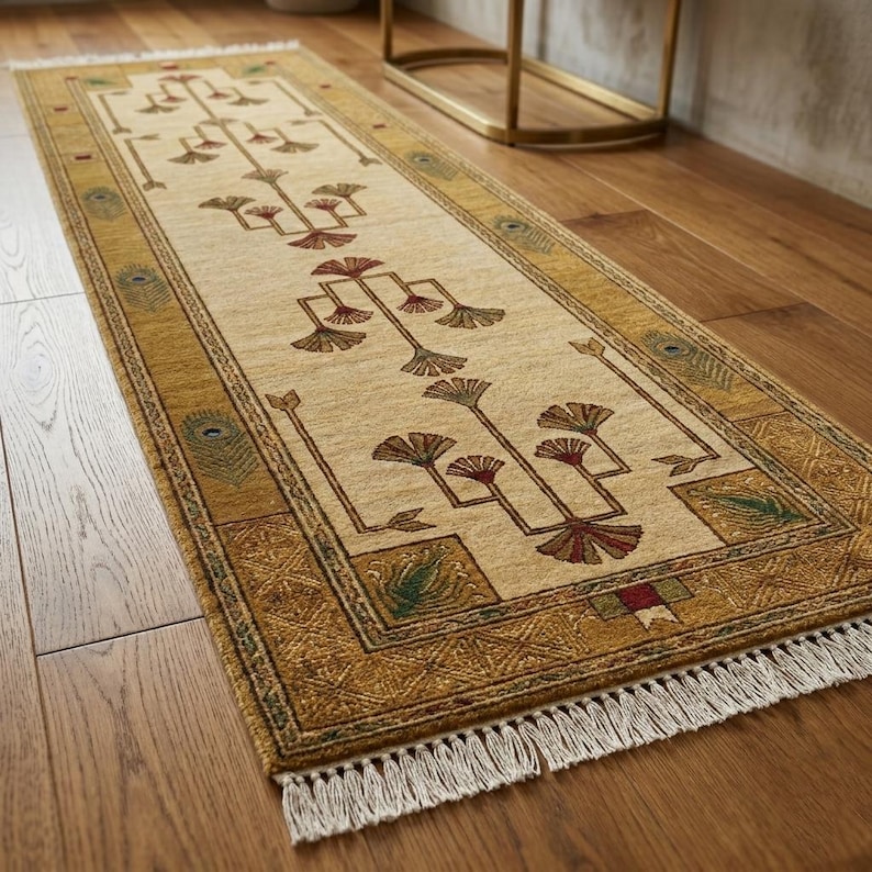 Hand knotted tree runner rug in Oushak style featuring ivory base with rust and olive floral tree pattern, long hallway wool rug with symmetrical botanical design and decorative border, handmade vintage style runner rug with fringe edges, perfect for entryway hallway decor, soft natural wool texture visible, premium artisan craftsmanship, elegant neutral home decor piece.