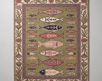 Fish Rug | Coastal Style | Wool | Living Room | 9x12 Size | Custom Hand Knotted Handmade Rug