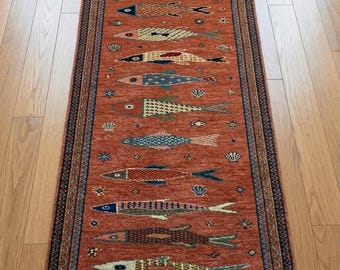 Hand Knotted Fish Runner Rug | Tribal Wool Hallway Carpet | Custom Size Handmade Decor