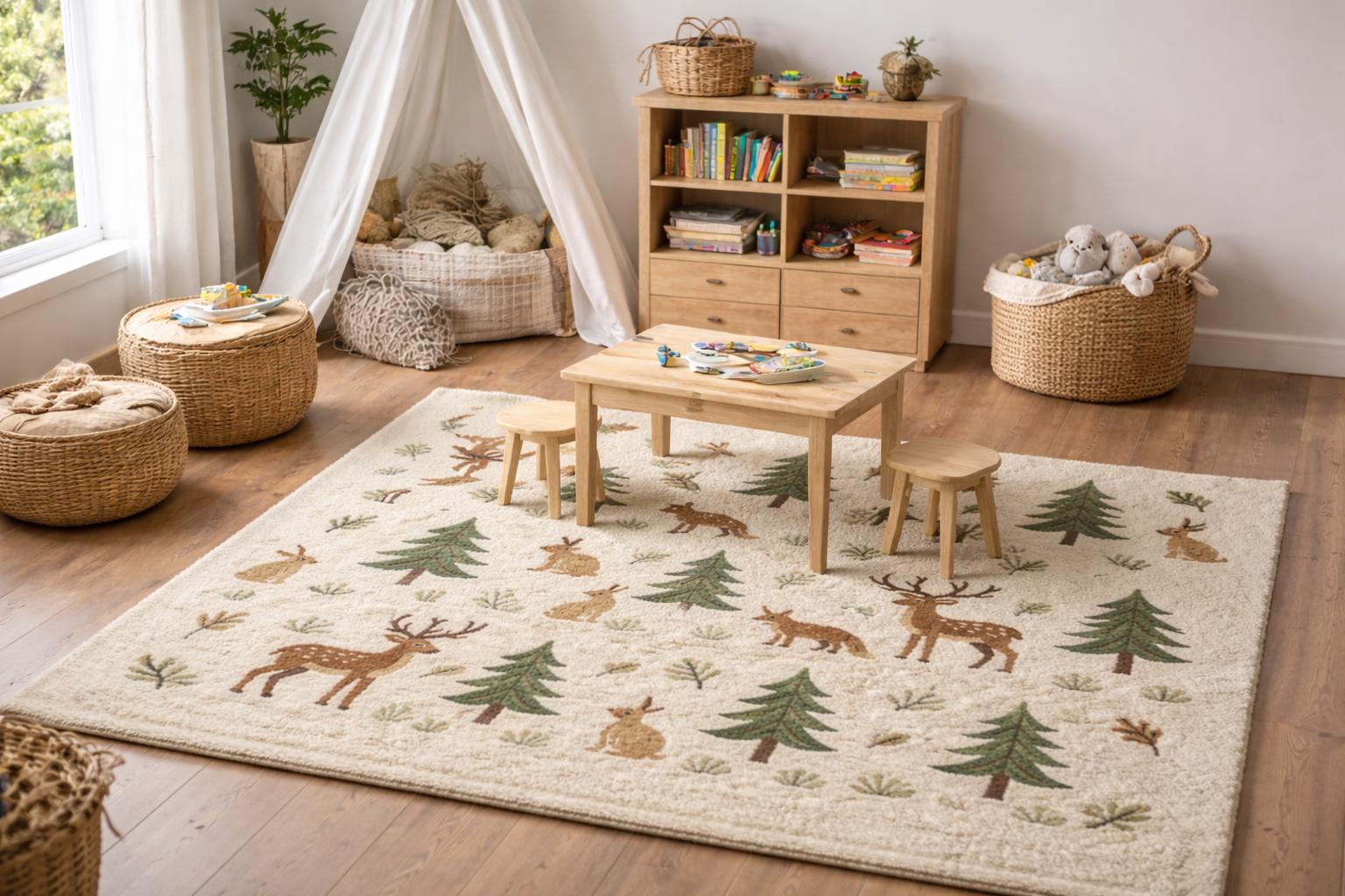Clh Rug Handmade Woodland Animals Tufted Wool Rug: Deer, Fox, Rabbit, Pine Tree ...
