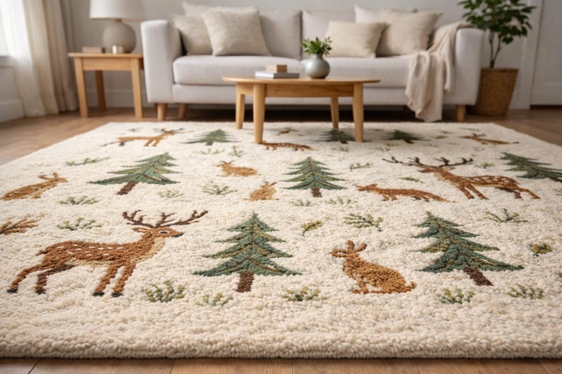 Handmade Woodland Animals Tufted Wool Rug: Deer, Fox, Rabbit, Pine Tree ...