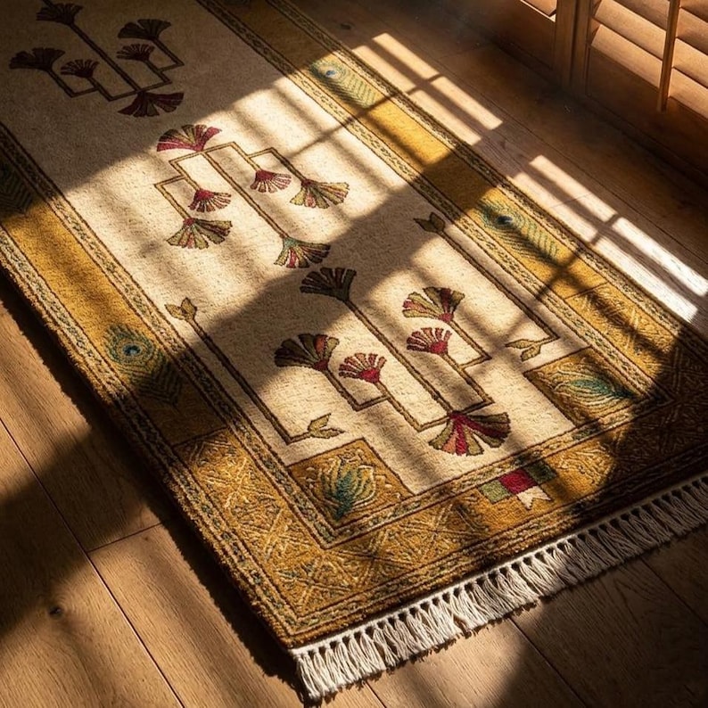 Hand knotted tree runner rug in Oushak style featuring ivory base with rust and olive floral tree pattern, long hallway wool rug with symmetrical botanical design and decorative border, handmade vintage style runner rug with fringe edges, perfect for entryway hallway decor, soft natural wool texture visible, premium artisan craftsmanship, elegant neutral home decor piece.