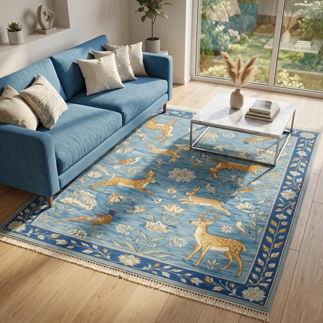 Hand Knotted Deer Rug | Oushak Style Wool Living Room 8x10 Custom Size ...