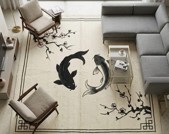 Hand Knotted Koi Fish Wool Rug: Oriental Black Ivory Living Room 8x10