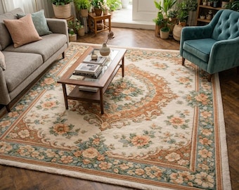 Hand Tufted Wool Rug | Floral Persian | Ivory Sage | Living Room | 5x8 Carpet