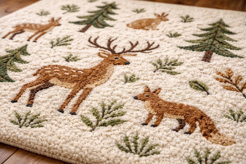 Handmade Woodland Animals Tufted Wool Rug: Deer, Fox, Rabbit, Pine Tree ...