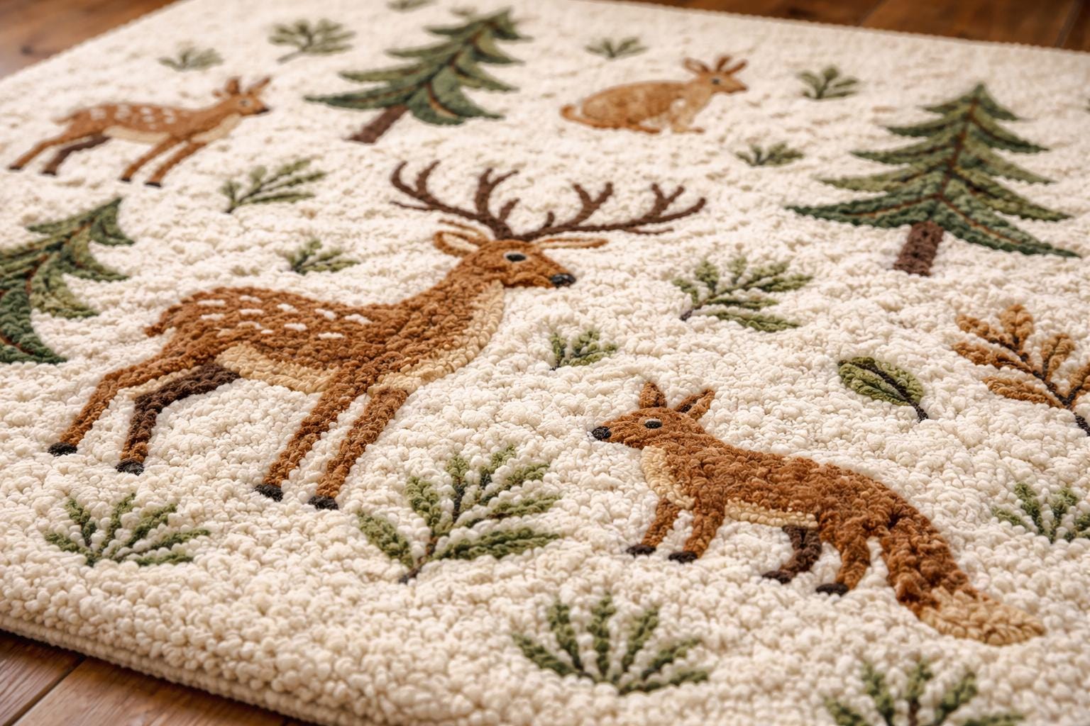Handmade Woodland Animals Tufted Wool Rug: Deer, Fox, Rabbit, Pine Tree ...