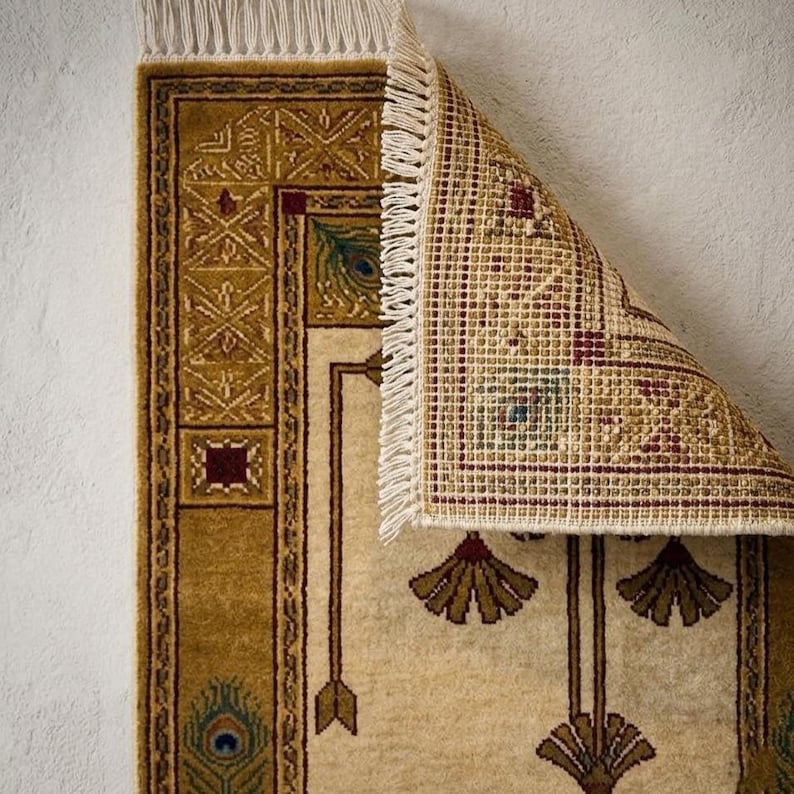 Hand knotted tree runner rug in Oushak style featuring ivory base with rust and olive floral tree pattern, long hallway wool rug with symmetrical botanical design and decorative border, handmade vintage style runner rug with fringe edges, perfect for entryway hallway decor, soft natural wool texture visible, premium artisan craftsmanship, elegant neutral home decor piece.