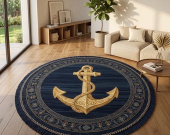 Hand-Knotted Wool Anchor Rug – Round Navy Blue Coastal Maritime Carpet
