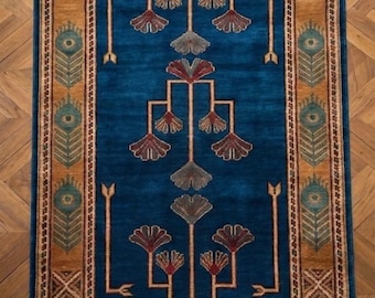 Hand-Knotted Wool Runner Rug, Arts and Crafts Mission Style Ginkgo Leaf Carpet