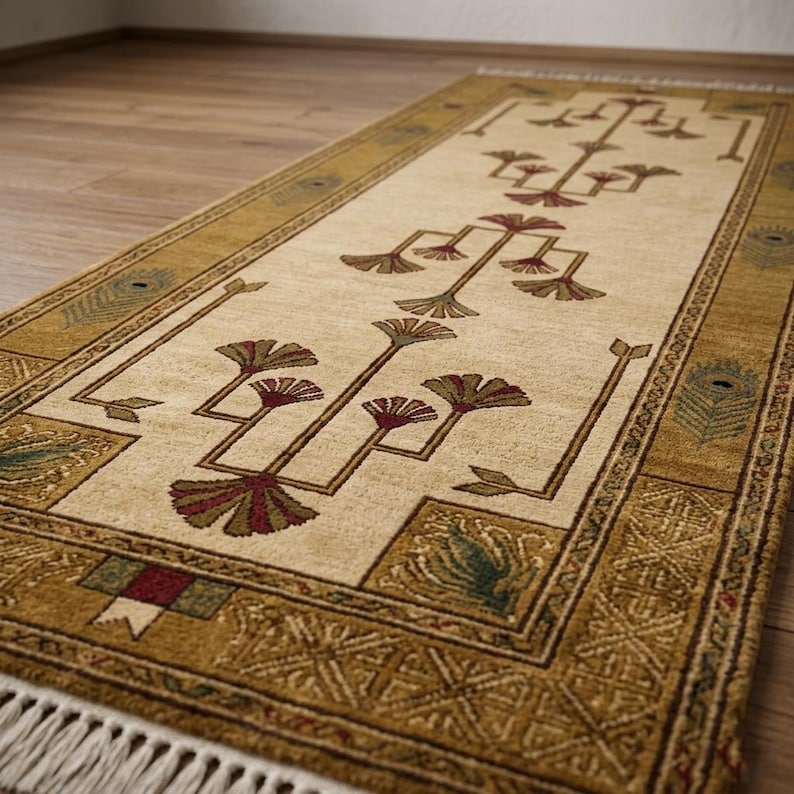 Hand knotted tree runner rug in Oushak style featuring ivory base with rust and olive floral tree pattern, long hallway wool rug with symmetrical botanical design and decorative border, handmade vintage style runner rug with fringe edges, perfect for entryway hallway decor, soft natural wool texture visible, premium artisan craftsmanship, elegant neutral home decor piece.