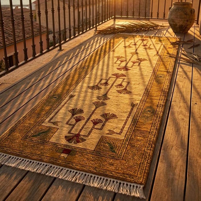 Hand knotted tree runner rug in Oushak style featuring ivory base with rust and olive floral tree pattern, long hallway wool rug with symmetrical botanical design and decorative border, handmade vintage style runner rug with fringe edges, perfect for entryway hallway decor, soft natural wool texture visible, premium artisan craftsmanship, elegant neutral home decor piece.