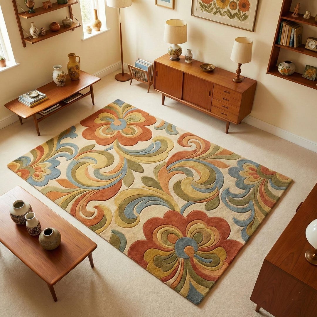 Mid Century Modern Floral Area Rug Retro Abstract Wool Living Room Home ...