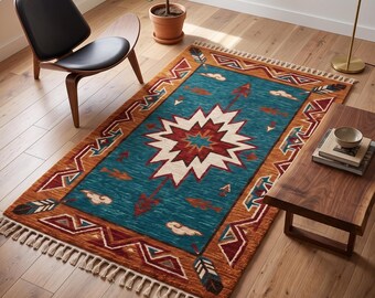 Hand Knotted Rug | Southwestern Style | Wool | Living Room | Custom Size | Boho Decor