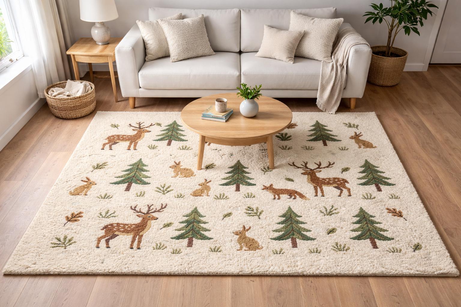Handmade Woodland Animals Tufted Wool Rug: Deer, Fox, Rabbit, Pine Tree ...