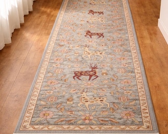 Hand Knotted Deer Rug | Oushak Tree Wool Runner Hallway 3x10 Custom Size