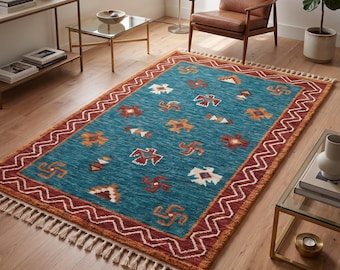 Hand Knotted Rug | Tribal Southwestern | Wool | Living Room | Custom Size | Boho Area Rug