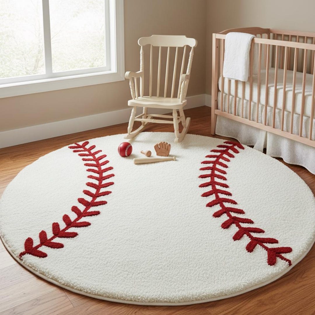 Hand Tufted Baseball Rug | Round Wool | Kids Room Nursery Carpet| 5ft ...