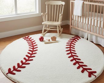 Hand Tufted Baseball Rug | Round Wool | Kids Room Nursery  Carpet| 5Ft | Custom