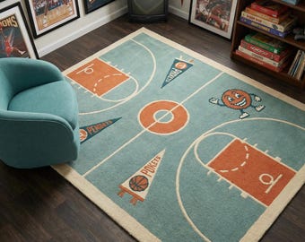 Basketball Court Rug | Kids Room | Hand Tufted Wool Area Rug| Gift for Boys