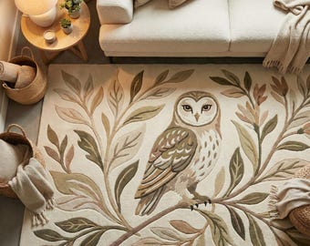 Hand Tufted Owl Wool Rug – Botanical Woodland Nursery Decor