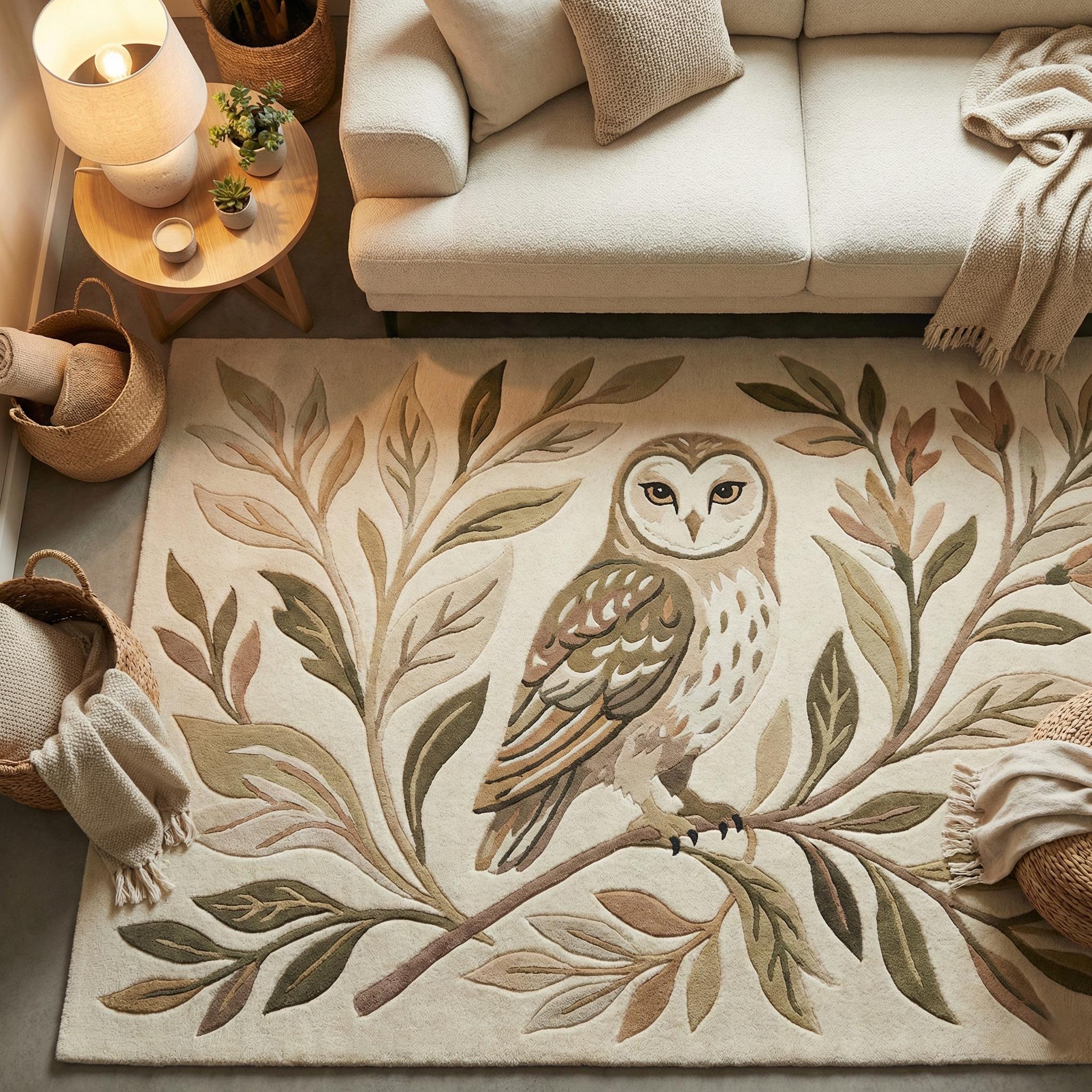 Hand Tufted Owl Wool Rug &ndash; Botanical Woodland Nursery Decor