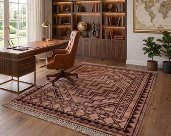 Hand Knotted Rug | Tribal Geometric | Wool | Home Office | Custom Size | Boho Vintage Style Decor