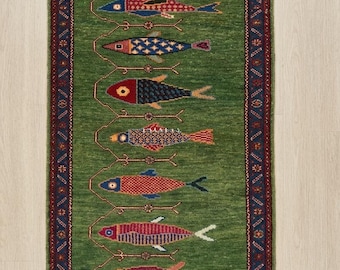 Koi Fish Runner Rug: Green Colorful Carpet Handmade Wool Area Rug