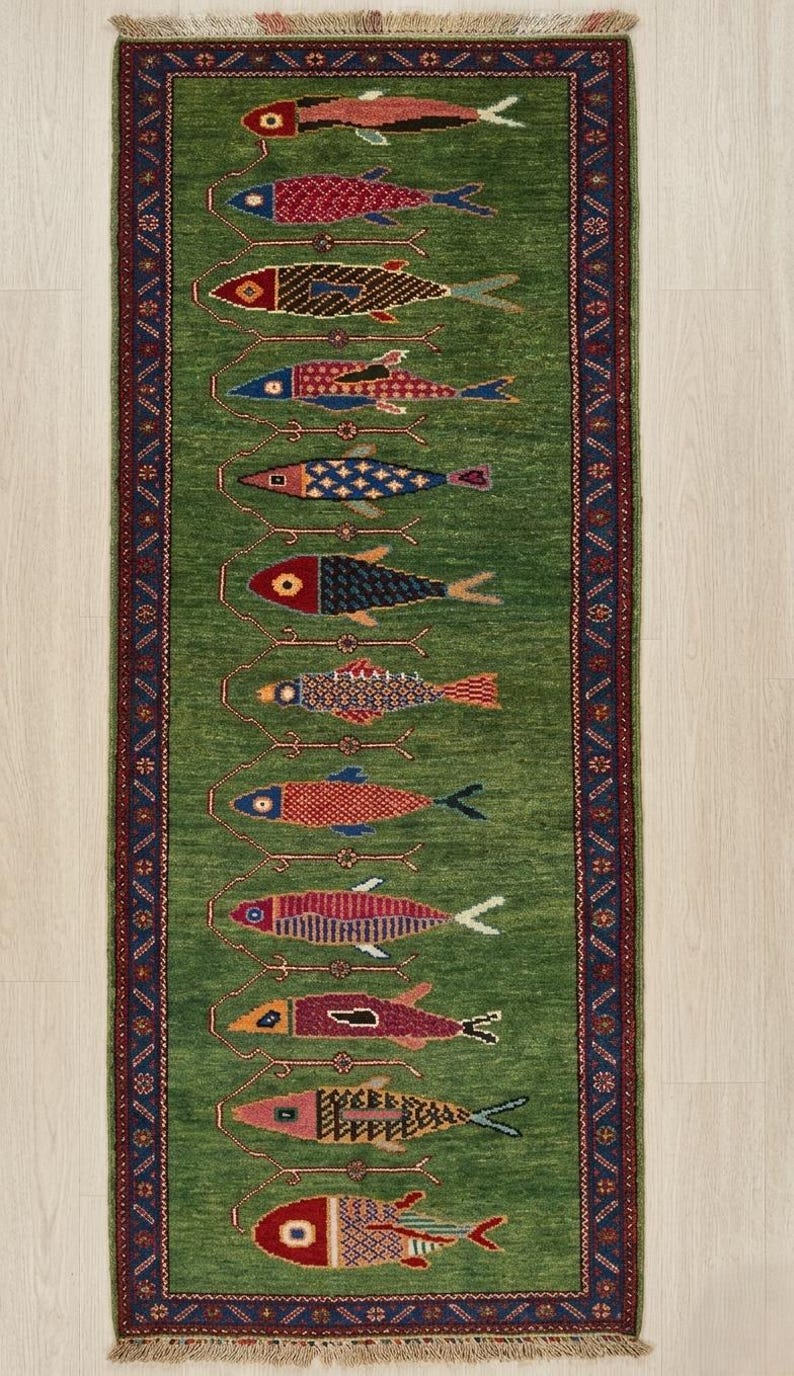 Koi Fish Runner Rug: Green Colorful Carpet Handmade Wool Area Rug - Etsy