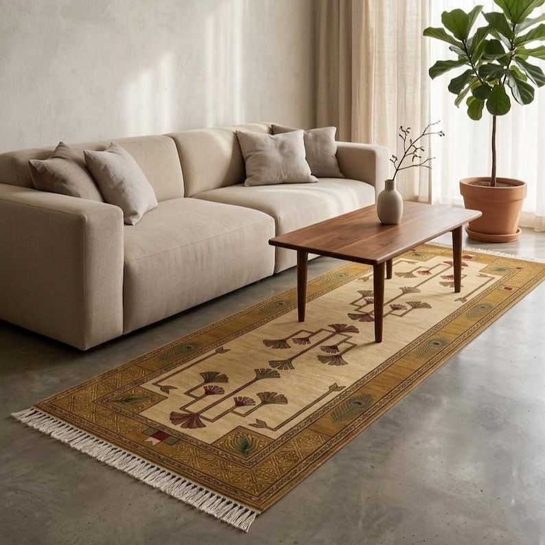 Hand knotted tree runner rug in Oushak style featuring ivory base with rust and olive floral tree pattern, long hallway wool rug with symmetrical botanical design and decorative border, handmade vintage style runner rug with fringe edges, perfect for entryway hallway decor, soft natural wool texture visible, premium artisan craftsmanship, elegant neutral home decor piece.