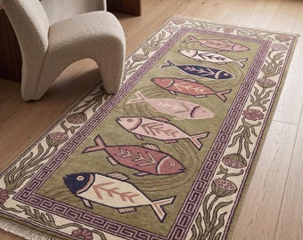 Hand Knotted Fish Area Rug | Vintage Botanical | Wool | Living Room | 5x8 Feet | Custom Size