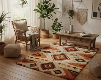 Hand Tufted Moroccan Wool Rug: Tribal Geometric Boho Plush Carpet Custom size available