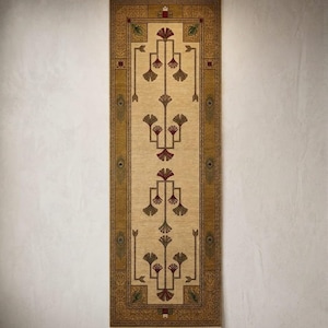Hand knotted tree runner rug in Oushak style featuring ivory base with rust and olive floral tree pattern, long hallway wool rug with symmetrical botanical design and decorative border, handmade vintage style runner rug with fringe edges, perfect for entryway hallway decor, soft natural wool texture visible, premium artisan craftsmanship, elegant neutral home decor piece.