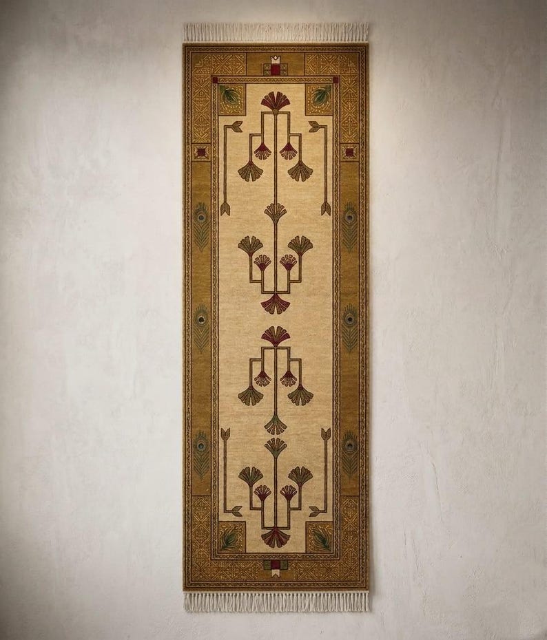 Hand knotted tree runner rug in Oushak style featuring ivory base with rust and olive floral tree pattern, long hallway wool rug with symmetrical botanical design and decorative border, handmade vintage style runner rug with fringe edges, perfect for entryway hallway decor, soft natural wool texture visible, premium artisan craftsmanship, elegant neutral home decor piece.