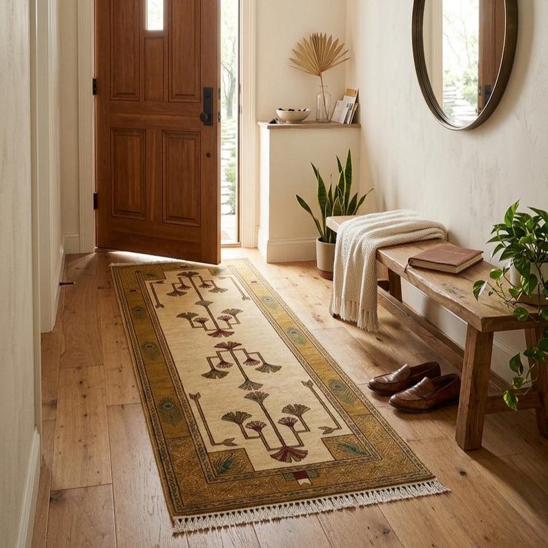 Hand knotted tree runner rug in Oushak style featuring ivory base with rust and olive floral tree pattern, long hallway wool rug with symmetrical botanical design and decorative border, handmade vintage style runner rug with fringe edges, perfect for entryway hallway decor, soft natural wool texture visible, premium artisan craftsmanship, elegant neutral home decor piece.