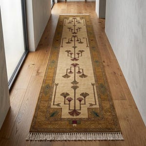 Hand knotted tree runner rug in Oushak style featuring ivory base with rust and olive floral tree pattern, long hallway wool rug with symmetrical botanical design and decorative border, handmade vintage style runner rug with fringe edges, perfect for entryway hallway decor, soft natural wool texture visible, premium artisan craftsmanship, elegant neutral home decor piece.