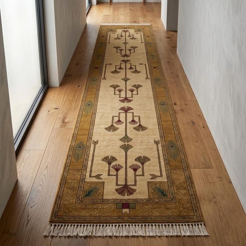 Hand knotted tree runner rug in Oushak style featuring ivory base with rust and olive floral tree pattern, long hallway wool rug with symmetrical botanical design and decorative border, handmade vintage style runner rug with fringe edges, perfect for entryway hallway decor, soft natural wool texture visible, premium artisan craftsmanship, elegant neutral home decor piece.