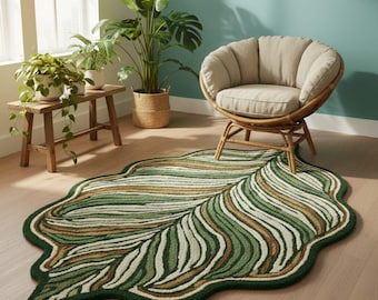 Modern Leaf Shape Area Rug Green Botanical Carpet for Living Room Nature Inspired Decor