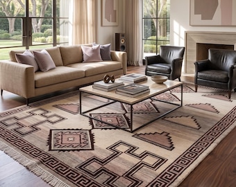 Hand Knotted Rug | Geometric Tribal Style | Wool | Living Room | Custom Size | Boho Area Decor