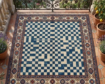 Hand Knotted Checkered Rug | Geometric Wool | Blue Ivory | Living Room | 8x10 Custom