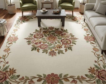 Handmade Floral Wool Area Rug Vintage Botanical Carpet Soft Living Room Home Decor Accent