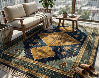 Blue Oushak Rug | Hand Knotted Area Rug | Living Room Carpet 8x10 Custom