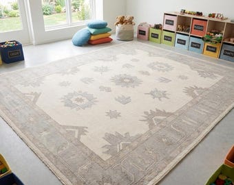 Hand Knotted Wool Rug | Turkish Oushak Peshawar Design, Cream Grey Area Carpet